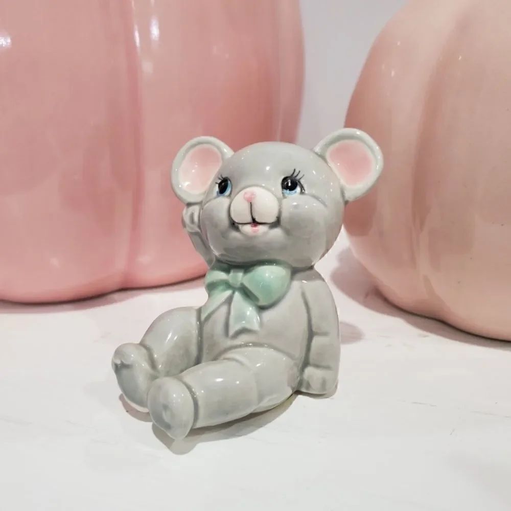 Russ Berrie & Co. Gray Mouse Blue Bow Figurine
